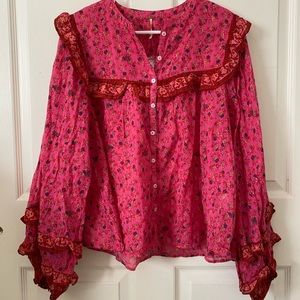 Free People Raspberry Combo Floral Blouse